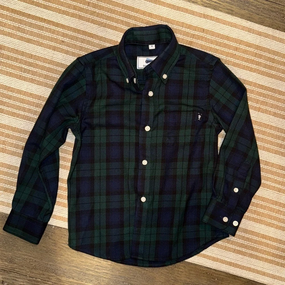 Southern Lure Boys Navy & Green Plaid Woven Button Down Dress Shirt Size 4